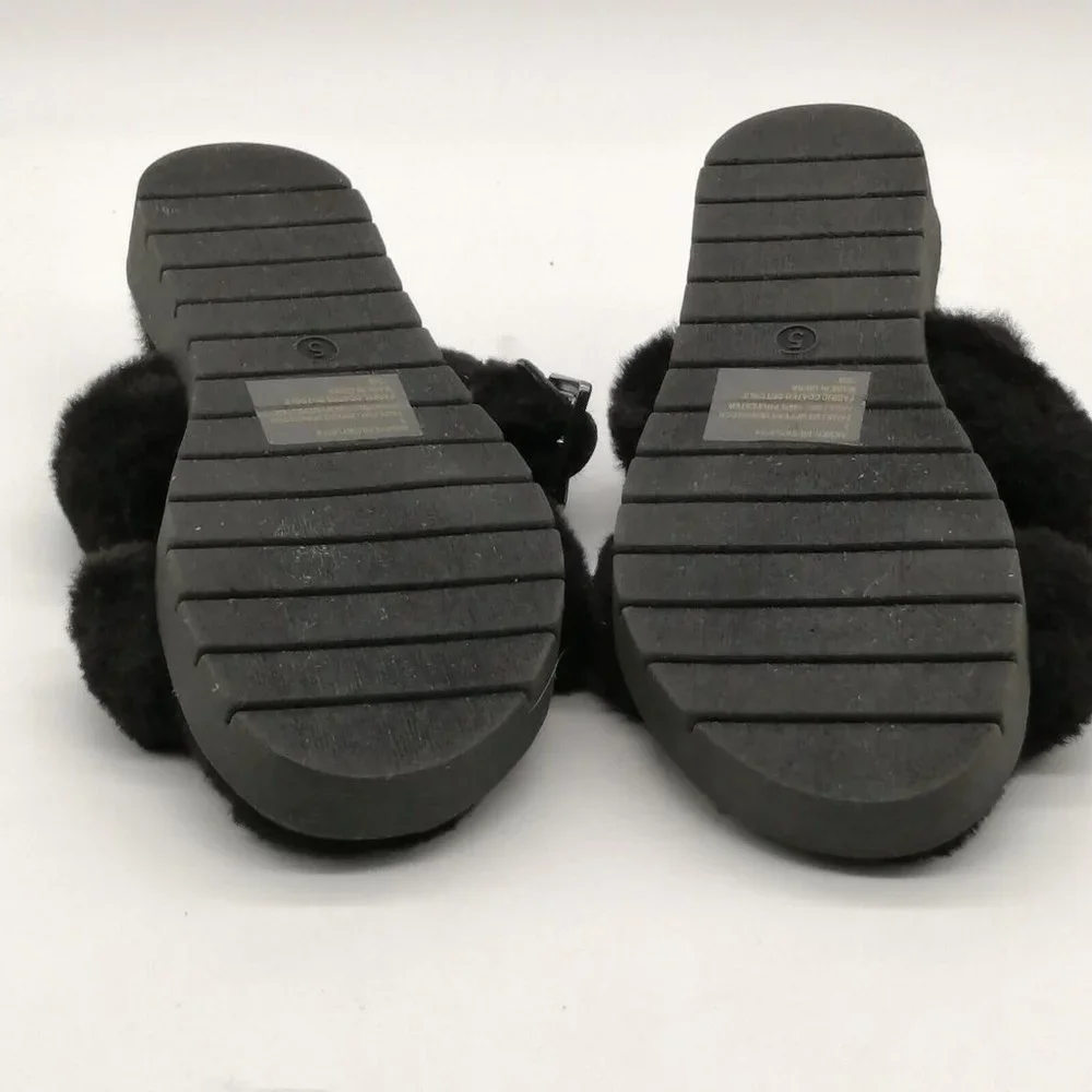 Anne‎ Klein Womens Sandals Skyler Black Faux Fur Straps Buckle Slide Flat Heel 7